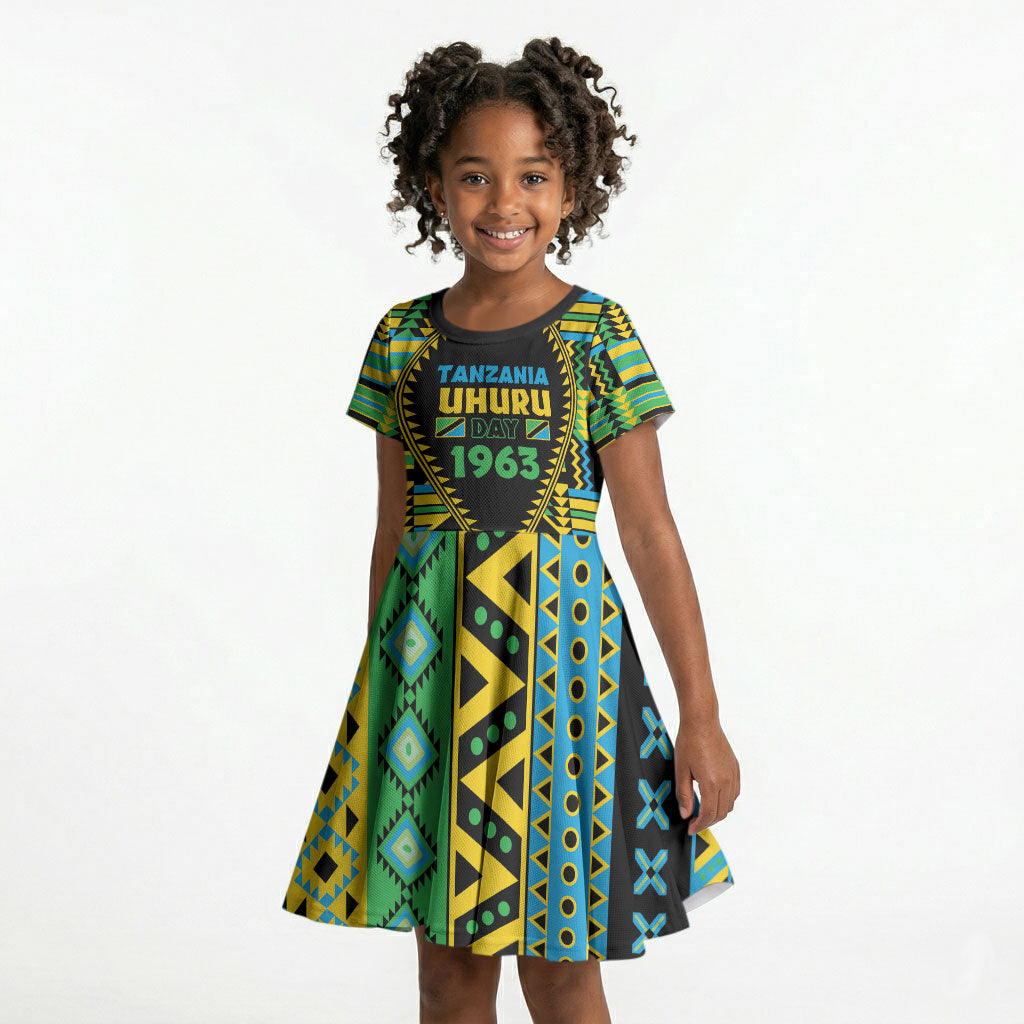 Personalized Tanzania Independence Day Kid Short Sleeve Dress Uhuru 1963 African Shield Tribal Pattern