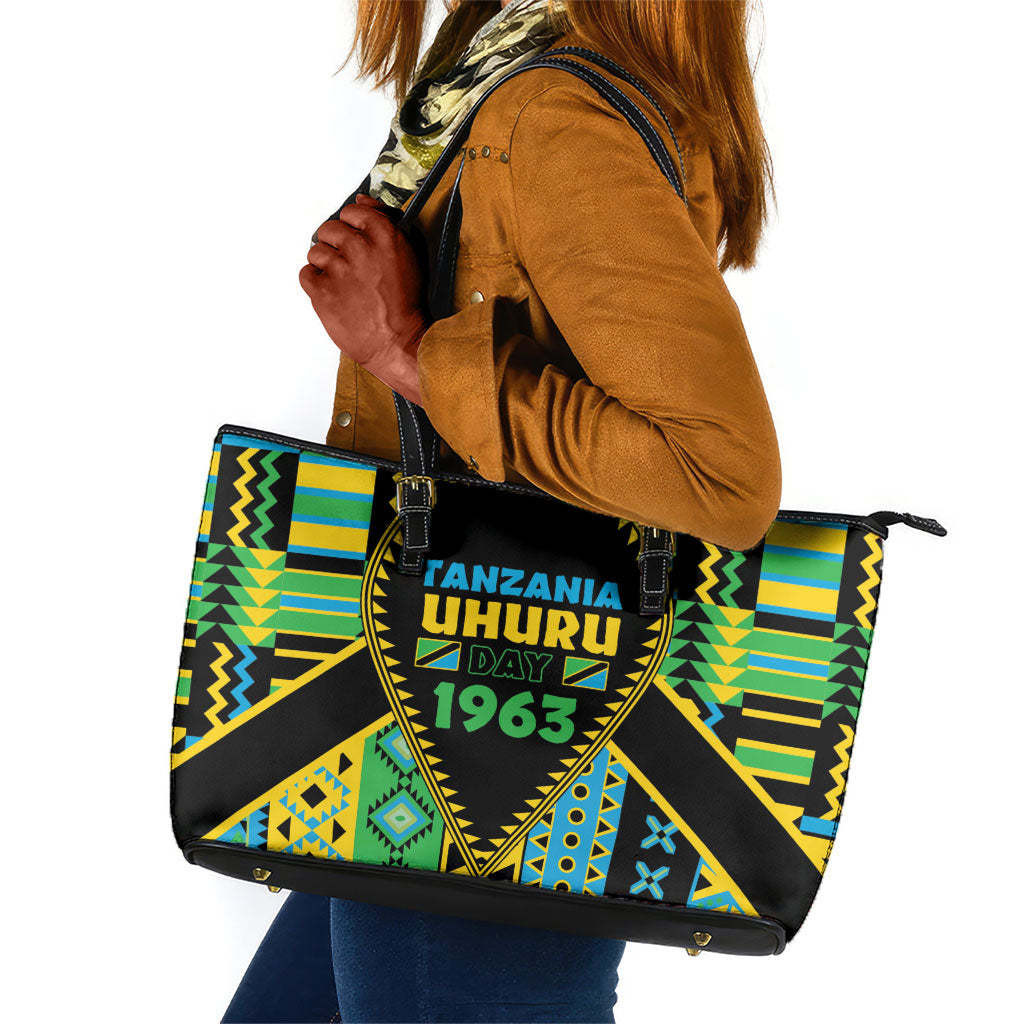 Tanzania Independence Day Leather Tote Bag Uhuru 1963 African Shield Tribal Pattern