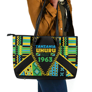 Tanzania Independence Day Leather Tote Bag Uhuru 1963 African Shield Tribal Pattern