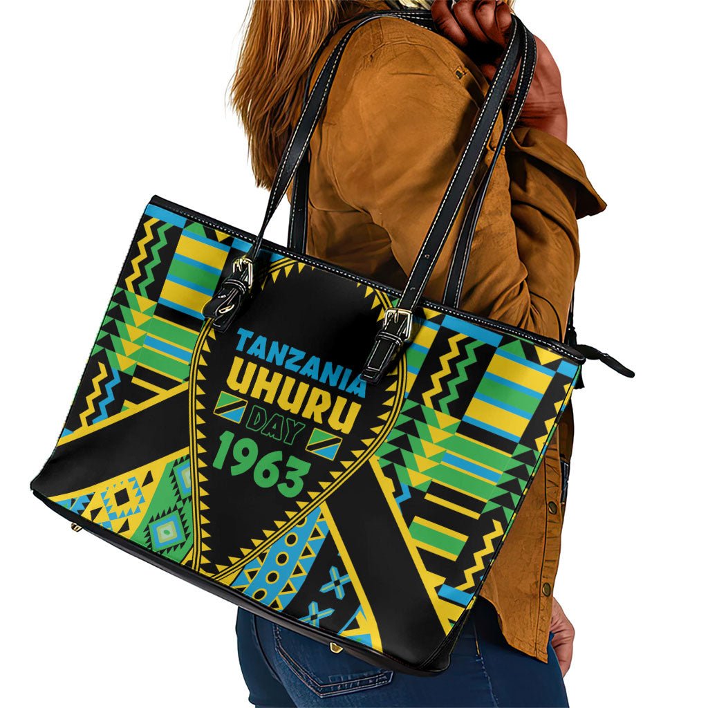 Tanzania Independence Day Leather Tote Bag Uhuru 1963 African Shield Tribal Pattern