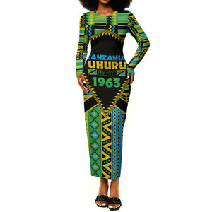 Personalized Tanzania Independence Day Long Sleeve Bodycon Dress Uhuru 1963 African Shield Tribal Pattern
