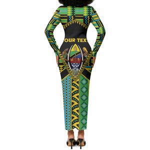Personalized Tanzania Independence Day Long Sleeve Bodycon Dress Uhuru 1963 African Shield Tribal Pattern