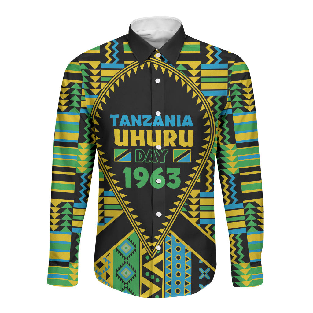 Personalized Tanzania Independence Day Long Sleeve Button Shirt Uhuru 1963 African Shield Tribal Pattern