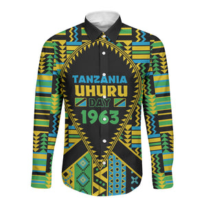 Personalized Tanzania Independence Day Long Sleeve Button Shirt Uhuru 1963 African Shield Tribal Pattern