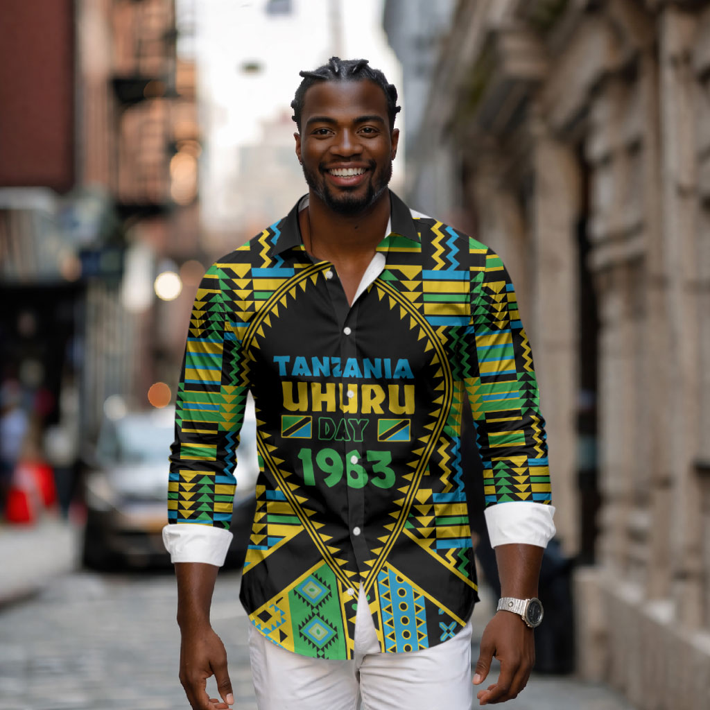 Personalized Tanzania Independence Day Long Sleeve Button Shirt Uhuru 1963 African Shield Tribal Pattern