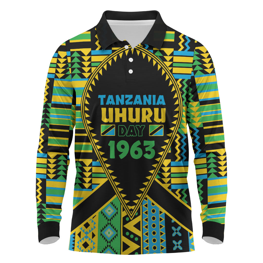 Personalized Tanzania Independence Day Long Sleeve Polo Shirt Uhuru 1963 African Shield Tribal Pattern