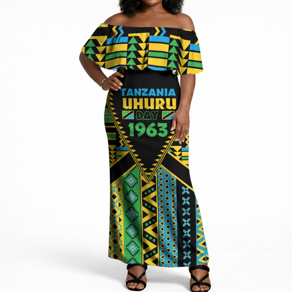 Personalized Tanzania Independence Day Off Shoulder Maxi Dress Uhuru 1963 African Shield Tribal Pattern
