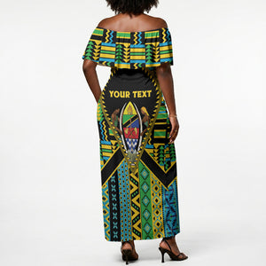 Personalized Tanzania Independence Day Off Shoulder Maxi Dress Uhuru 1963 African Shield Tribal Pattern
