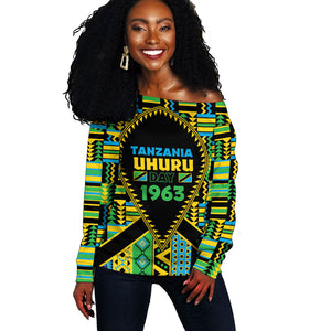 Personalized Tanzania Independence Day Off Shoulder Sweater Uhuru 1963 African Shield Tribal Pattern