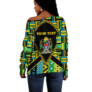 Personalized Tanzania Independence Day Off Shoulder Sweater Uhuru 1963 African Shield Tribal Pattern