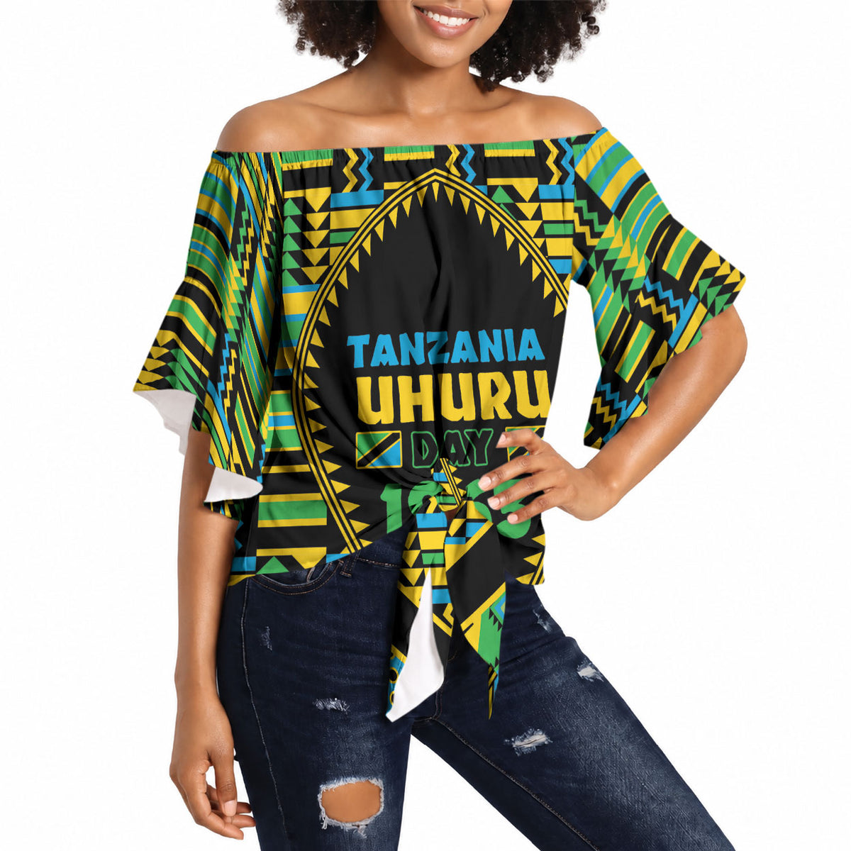 Personalized Tanzania Independence Day Off Shoulder Wrap Waist Top Uhuru 1963 African Shield Tribal Pattern