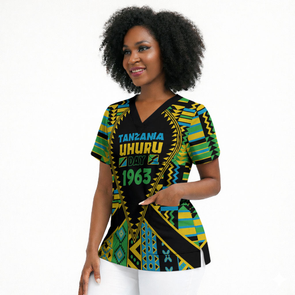 Personalized Tanzania Independence Day Scrub Top Uhuru 1963 African Shield Tribal Pattern