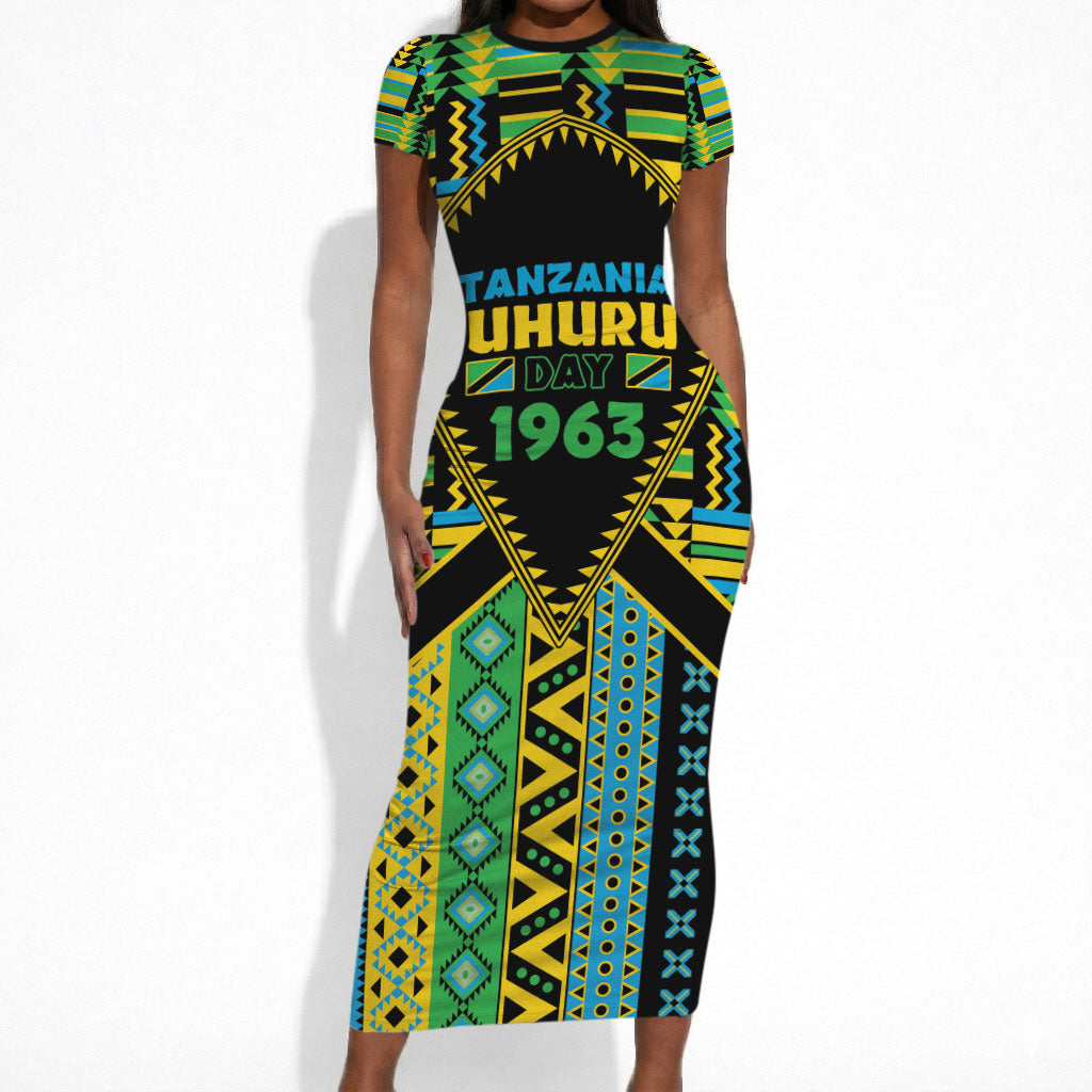 Personalized Tanzania Independence Day Short Sleeve Bodycon Dress Uhuru 1963 African Shield Tribal Pattern