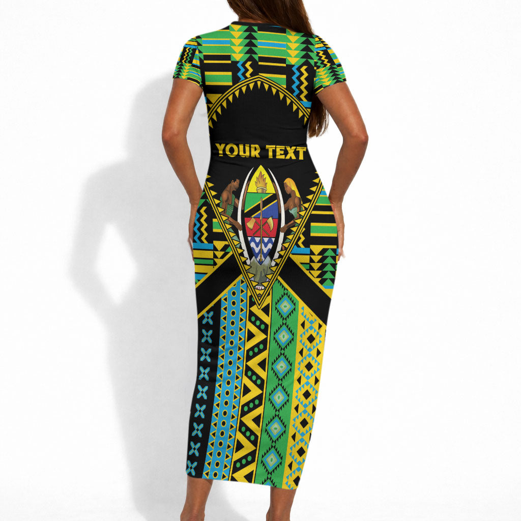 Personalized Tanzania Independence Day Short Sleeve Bodycon Dress Uhuru 1963 African Shield Tribal Pattern