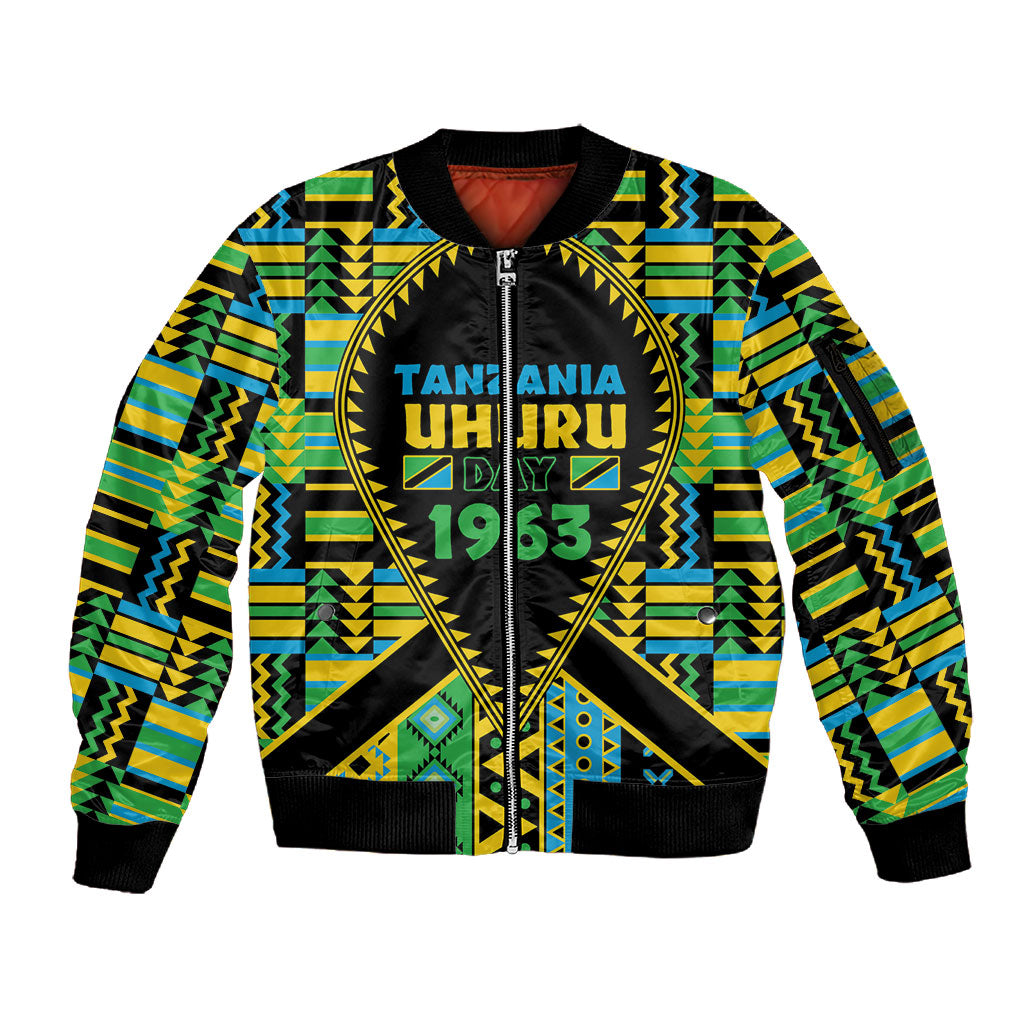 Personalized Tanzania Independence Day Sleeve Zip Bomber Jacket Uhuru 1963 African Shield Tribal Pattern