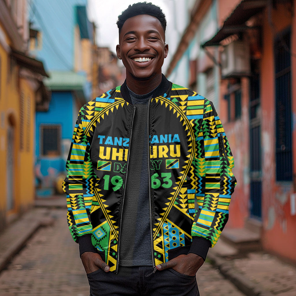 Personalized Tanzania Independence Day Sleeve Zip Bomber Jacket Uhuru 1963 African Shield Tribal Pattern