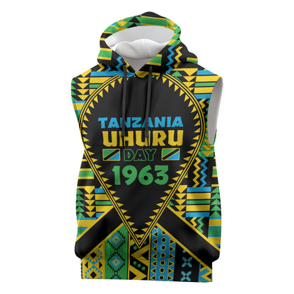 Personalized Tanzania Independence Day Sleeveless Hoodie Uhuru 1963 African Shield Tribal Pattern