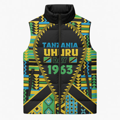 Personalized Tanzania Independence Day Sleeveless Puffer Jacket Uhuru 1963 African Shield Tribal Pattern