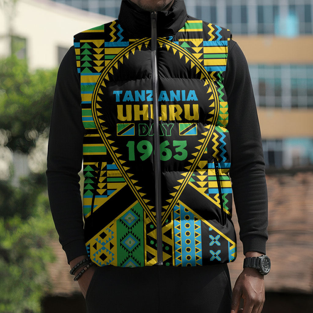 Personalized Tanzania Independence Day Sleeveless Puffer Jacket Uhuru 1963 African Shield Tribal Pattern