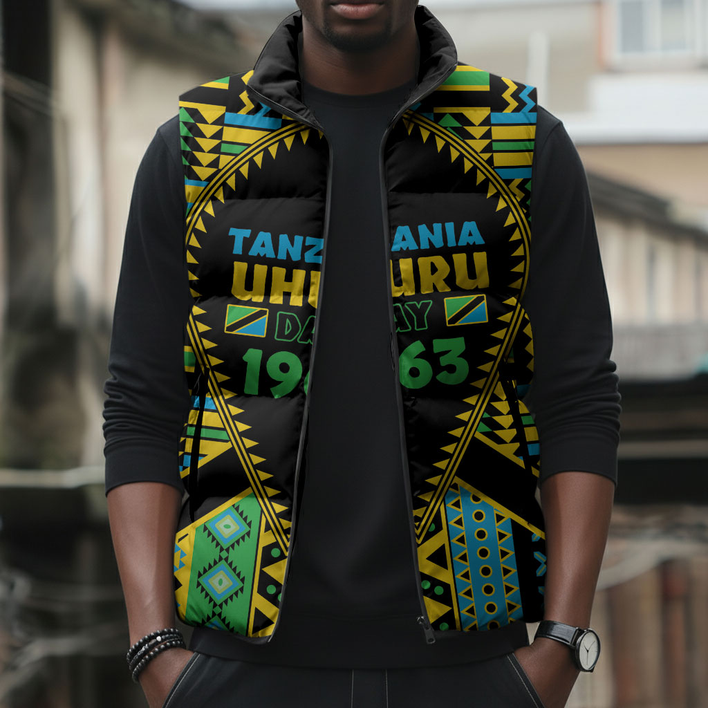 Personalized Tanzania Independence Day Sleeveless Puffer Jacket Uhuru 1963 African Shield Tribal Pattern