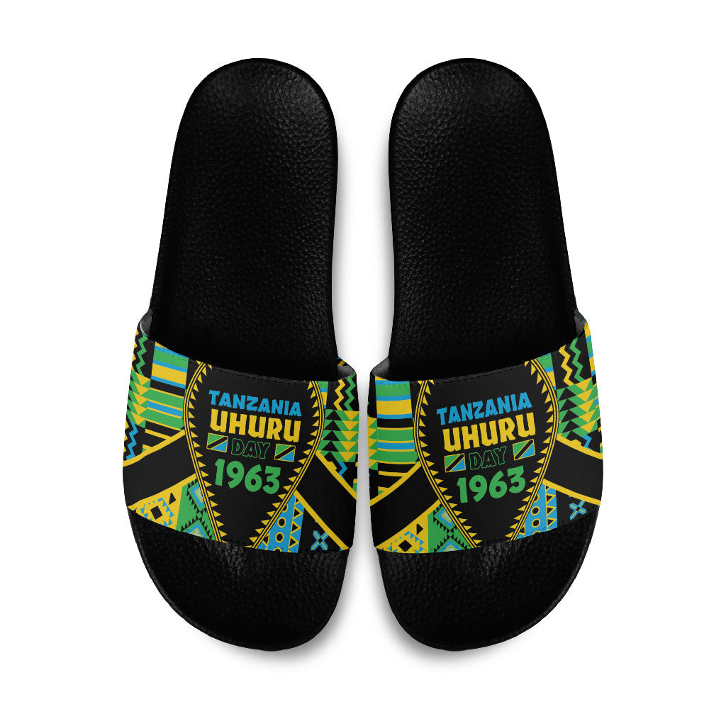 Tanzania Independence Day Slide Sandals Uhuru 1963 African Shield Tribal Pattern