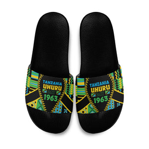 Tanzania Independence Day Slide Sandals Uhuru 1963 African Shield Tribal Pattern