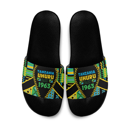 Tanzania Independence Day Slide Sandals Uhuru 1963 African Shield Tribal Pattern