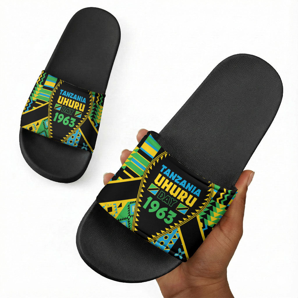 Tanzania Independence Day Slide Sandals Uhuru 1963 African Shield Tribal Pattern