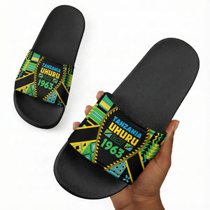 Tanzania Independence Day Slide Sandals Uhuru 1963 African Shield Tribal Pattern