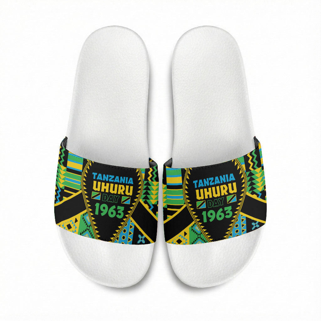 Tanzania Independence Day Slide Sandals Uhuru 1963 African Shield Tribal Pattern