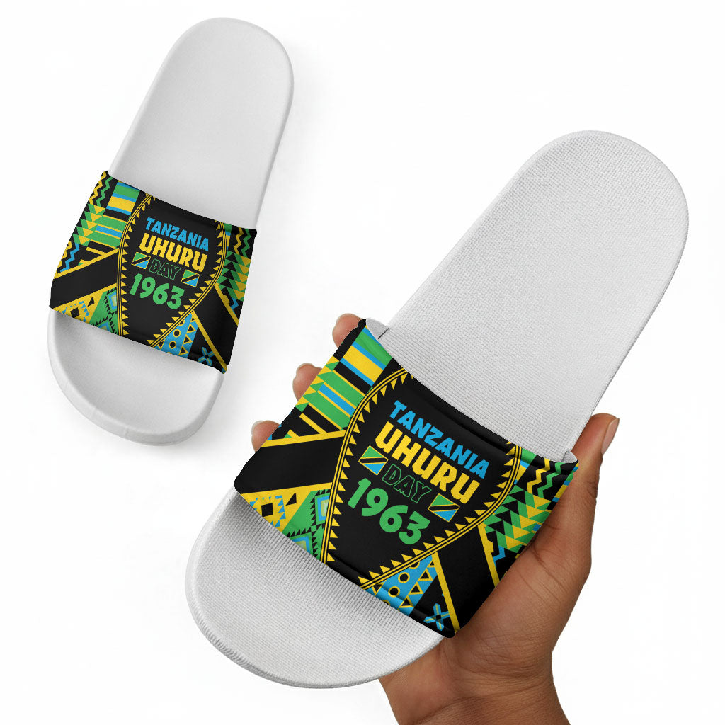 Tanzania Independence Day Slide Sandals Uhuru 1963 African Shield Tribal Pattern