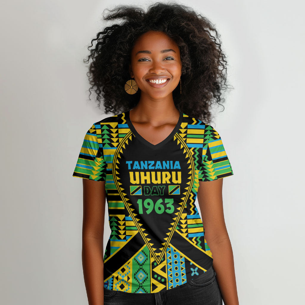 Personalized Tanzania Independence Day Women V-Neck T-Shirt Uhuru 1963 African Shield Tribal Pattern