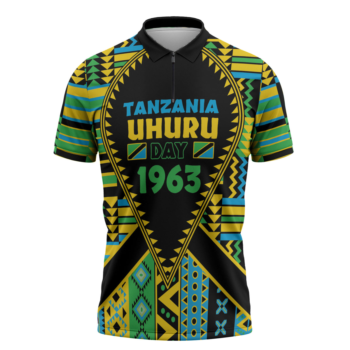 Personalized Tanzania Independence Day Zipper Polo Shirt Uhuru 1963 African Shield Tribal Pattern