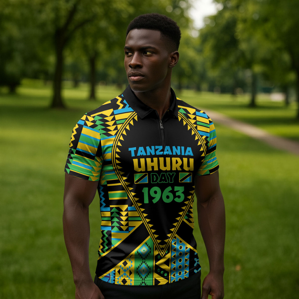 Personalized Tanzania Independence Day Zipper Polo Shirt Uhuru 1963 African Shield Tribal Pattern