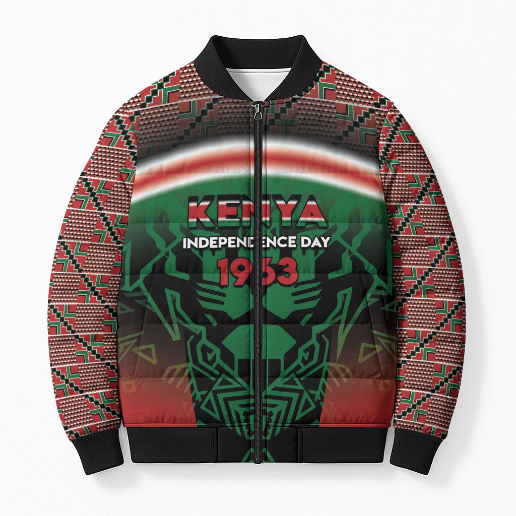 Personalized Kenya Independence Day Bomber Puffer Jacket Tribal Lion 1963 Maasai Beadwork
