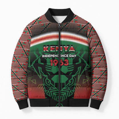Personalized Kenya Independence Day Bomber Puffer Jacket Tribal Lion 1963 Maasai Beadwork