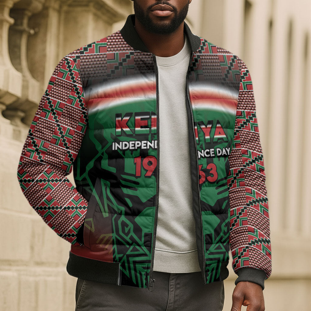 Personalized Kenya Independence Day Bomber Puffer Jacket Tribal Lion 1963 Maasai Beadwork