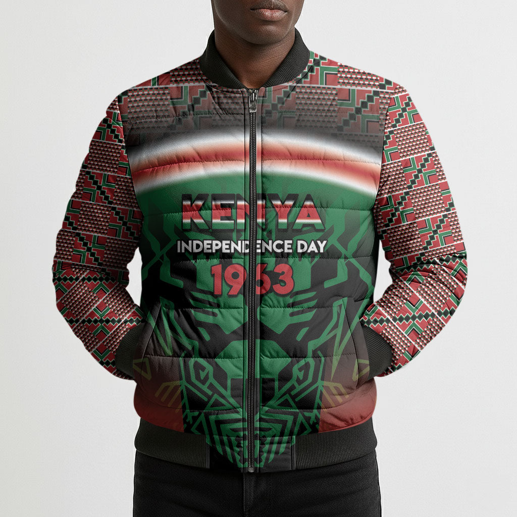 Personalized Kenya Independence Day Bomber Puffer Jacket Tribal Lion 1963 Maasai Beadwork