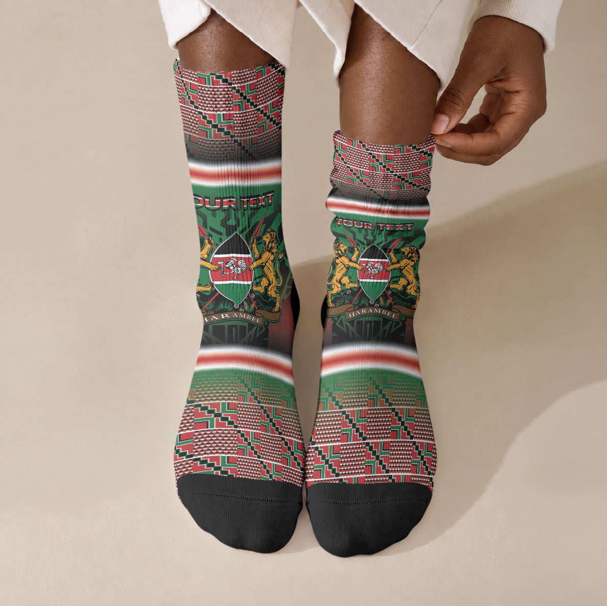 Personalized Kenya Independence Day Crew Socks Tribal Lion 1963 Maasai Beadwork