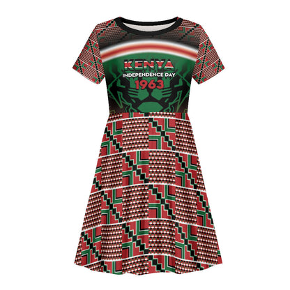 Personalized Kenya Independence Day Kid Short Sleeve Dress Tribal Lion 1963 Maasai Beadwork