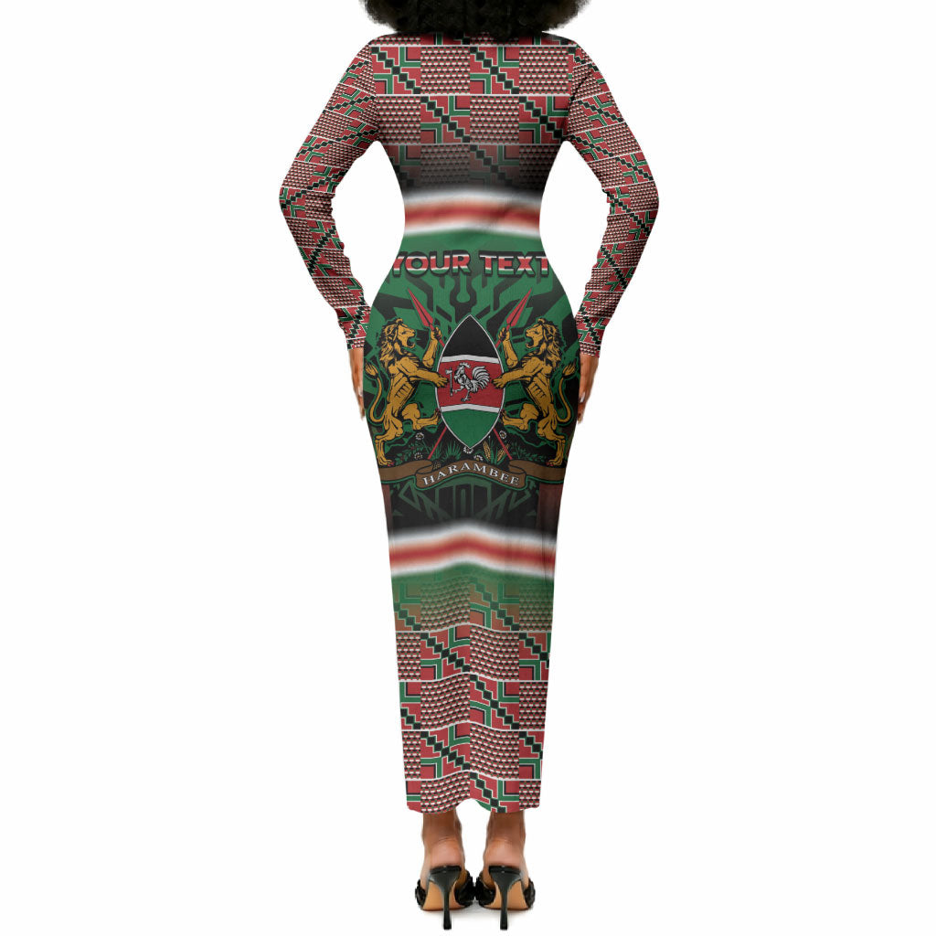 Personalized Kenya Independence Day Long Sleeve Bodycon Dress Tribal Lion 1963 Maasai Beadwork