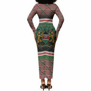 Personalized Kenya Independence Day Long Sleeve Bodycon Dress Tribal Lion 1963 Maasai Beadwork