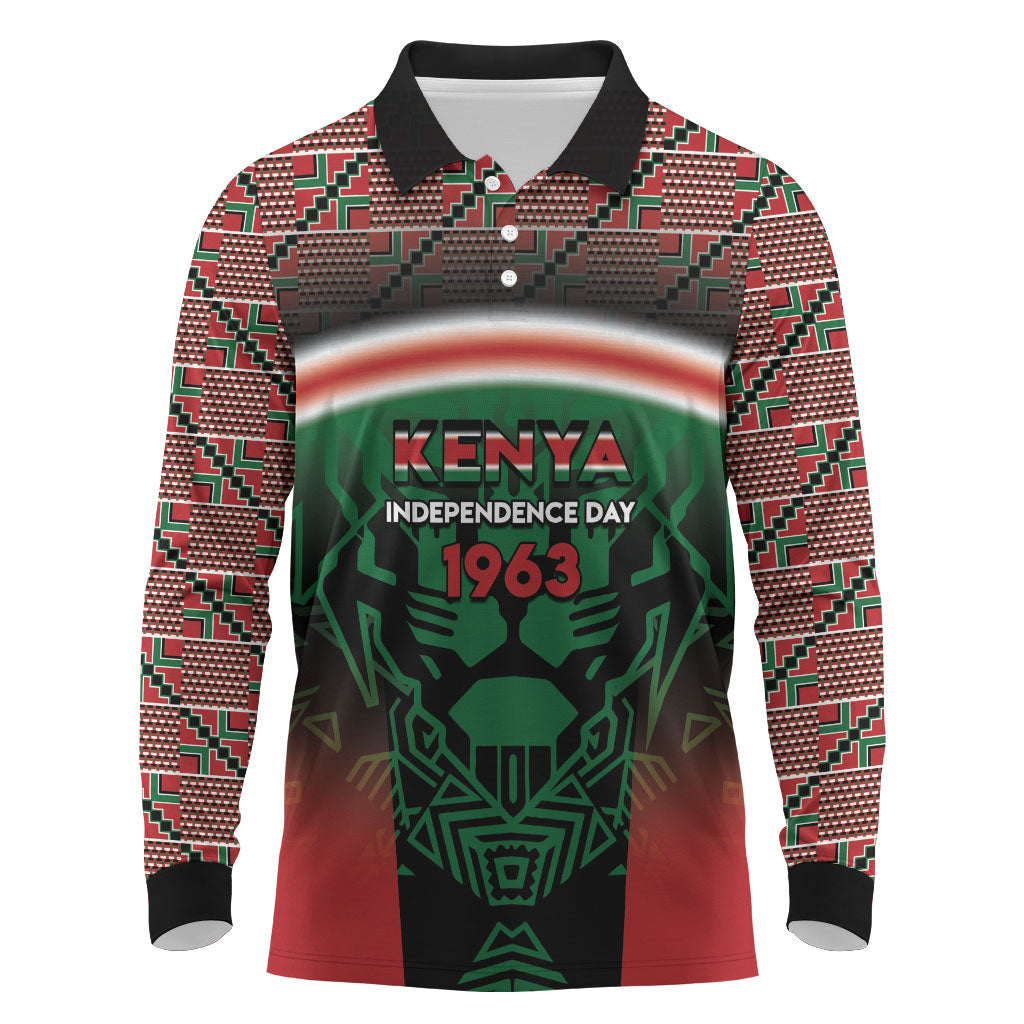 Personalized Kenya Independence Day Long Sleeve Polo Shirt Tribal Lion 1963 Maasai Beadwork