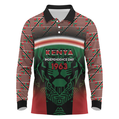 Personalized Kenya Independence Day Long Sleeve Polo Shirt Tribal Lion 1963 Maasai Beadwork