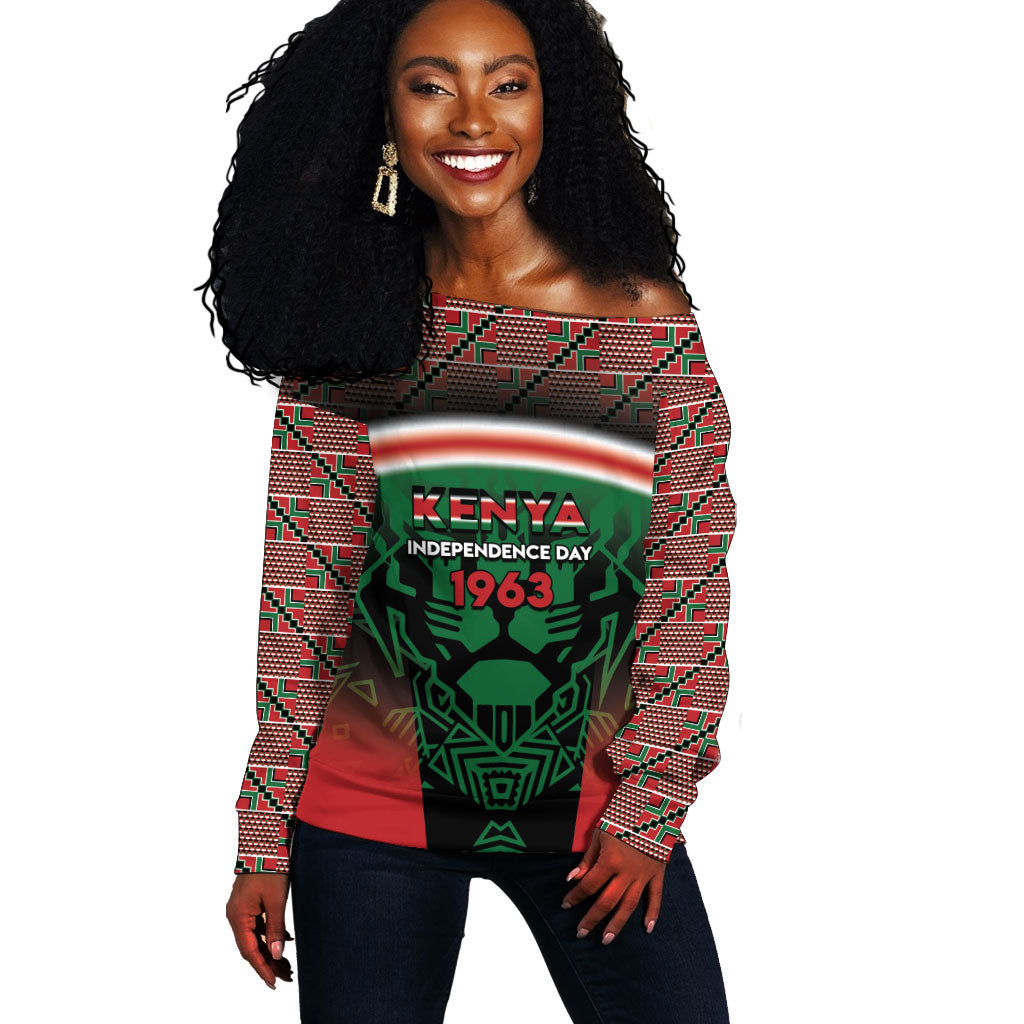 Personalized Kenya Independence Day Off Shoulder Sweater Tribal Lion 1963 Maasai Beadwork