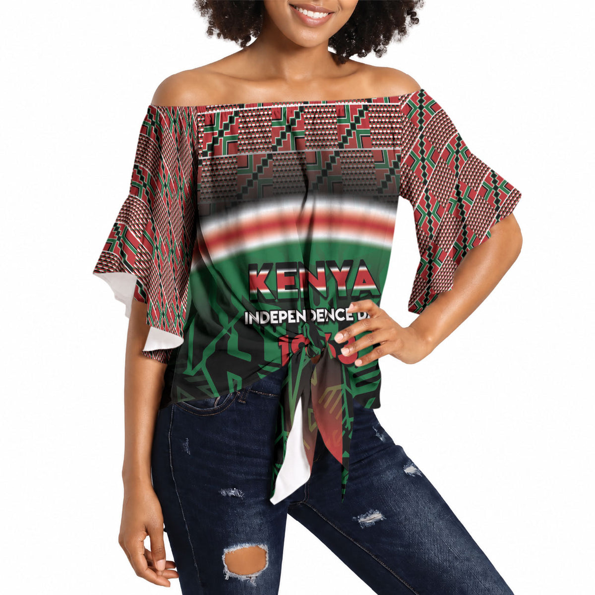 Personalized Kenya Independence Day Off Shoulder Wrap Waist Top Tribal Lion 1963 Maasai Beadwork