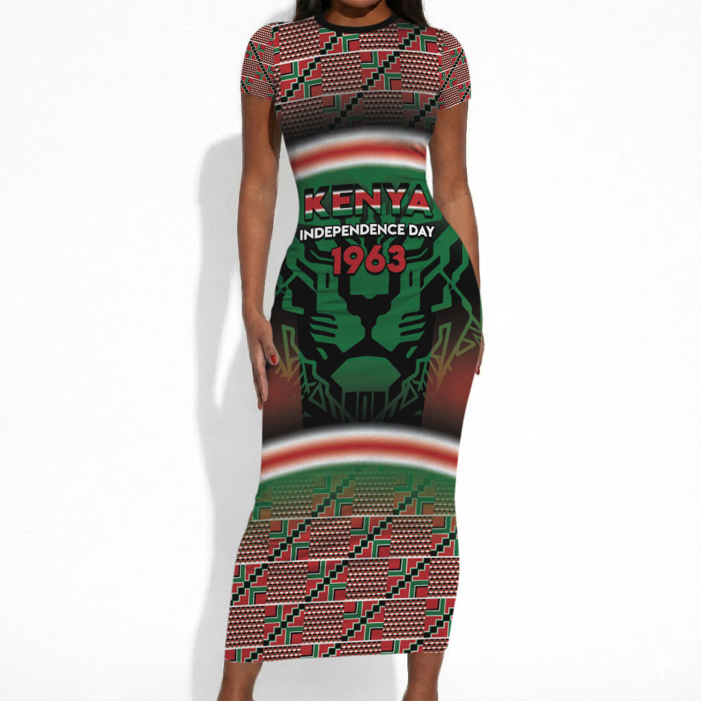 Personalized Kenya Independence Day Short Sleeve Bodycon Dress Tribal Lion 1963 Maasai Beadwork