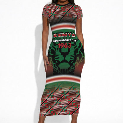 Personalized Kenya Independence Day Short Sleeve Bodycon Dress Tribal Lion 1963 Maasai Beadwork