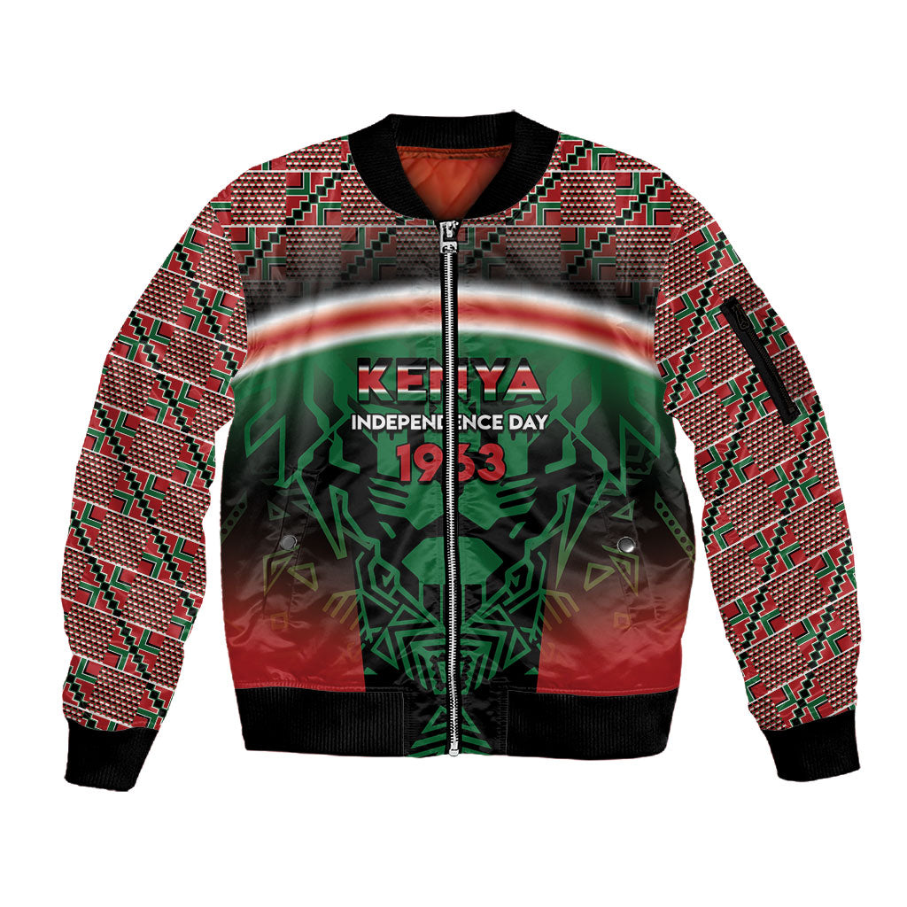 Personalized Kenya Independence Day Sleeve Zip Bomber Jacket Tribal Lion 1963 Maasai Beadwork