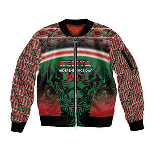 Personalized Kenya Independence Day Sleeve Zip Bomber Jacket Tribal Lion 1963 Maasai Beadwork